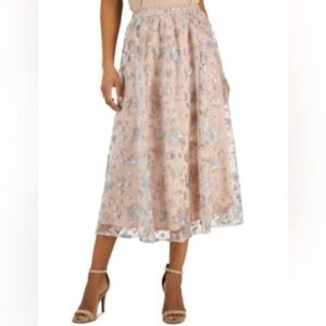 Anne Klein Floral Sequin Lace Mesh Elastic Waist Midi Skirt Pink Silver Sz L